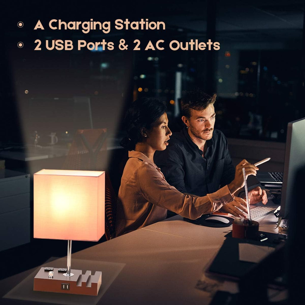 Fully Dimmable Table Lamp for Bedroom Dual USB Port Bedside Lamp for Nightstand Desk Lamps with Charging Station 2 Power Outlets, Fabric Lampshade LED Bulb Included (Mocha/Pink)