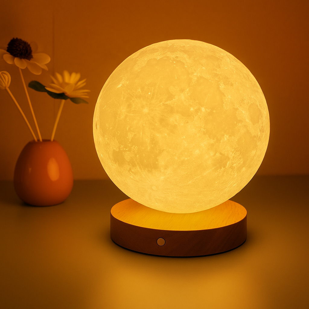 Invara Nocta – 3D Moon Lamp with Wooden Base | Warm LED Night Light for Bedroom & Home Décor