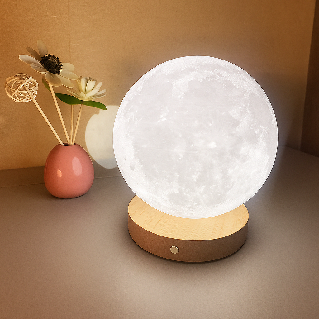 Invara Nocta – 3D Moon Lamp with Wooden Base | Warm LED Night Light for Bedroom & Home Décor