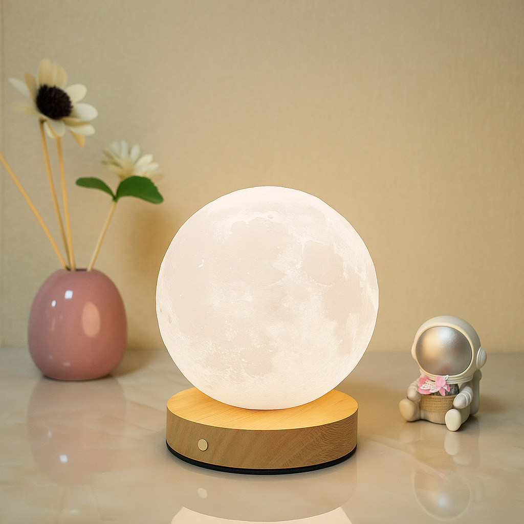 Invara Nocta – 3D Moon Lamp with Wooden Base | Warm LED Night Light for Bedroom & Home Décor